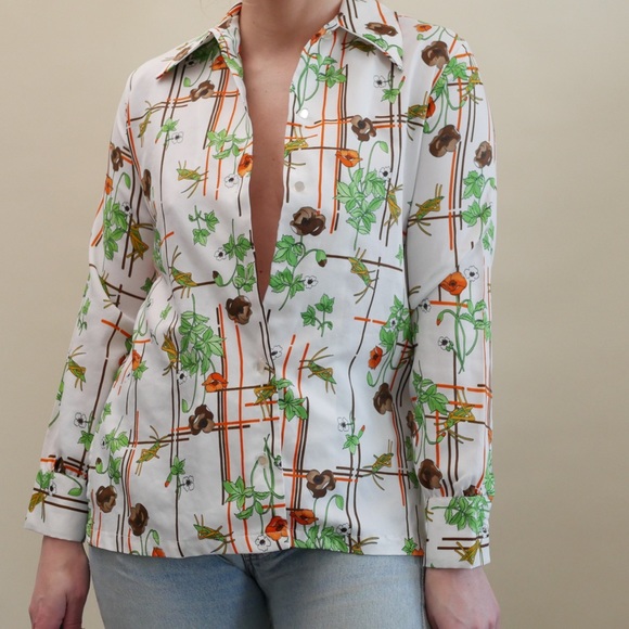Vintage 70s Button Up Shirt Collared Bold Floral Print White + Green Pattern - Picture 4 of 7